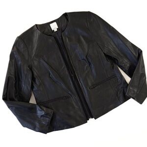 Halogen Leather Jacket Womens Medium Black Collarless Minimal Old Money